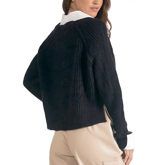 NWT ELAN Kasha Layered Collared V-Neck Cropped Sweater Shirt Black White Size S - Picture 2 of 9